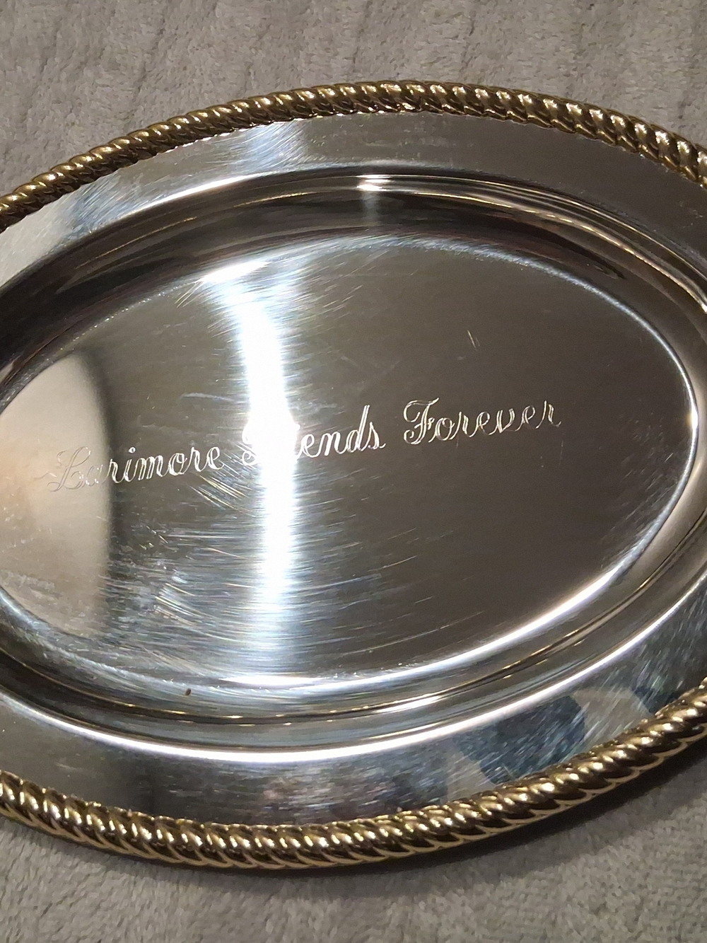 Oval Stainless Tray with Gold Floral/Center Engraved Larimore Friends Forever